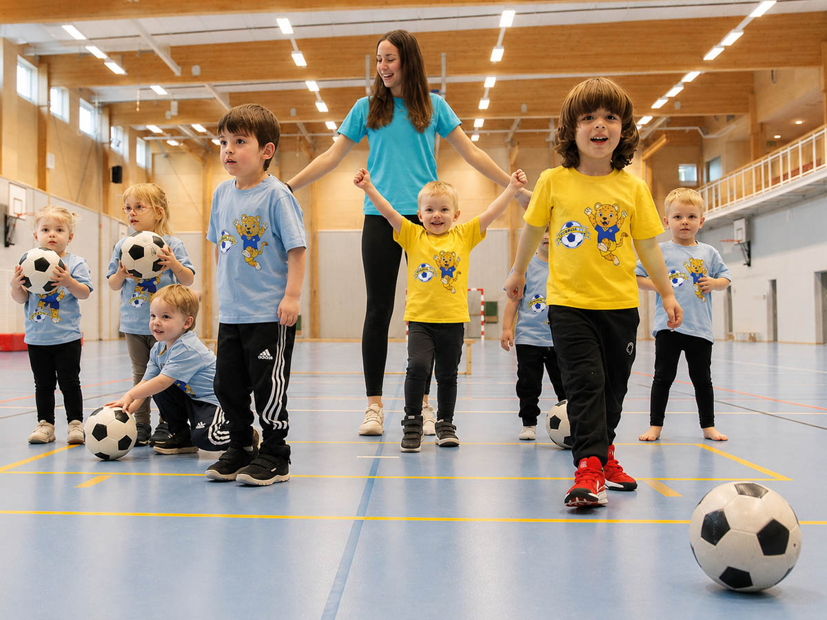 Grupp barn med fotbollar och ledare i idrottshall.